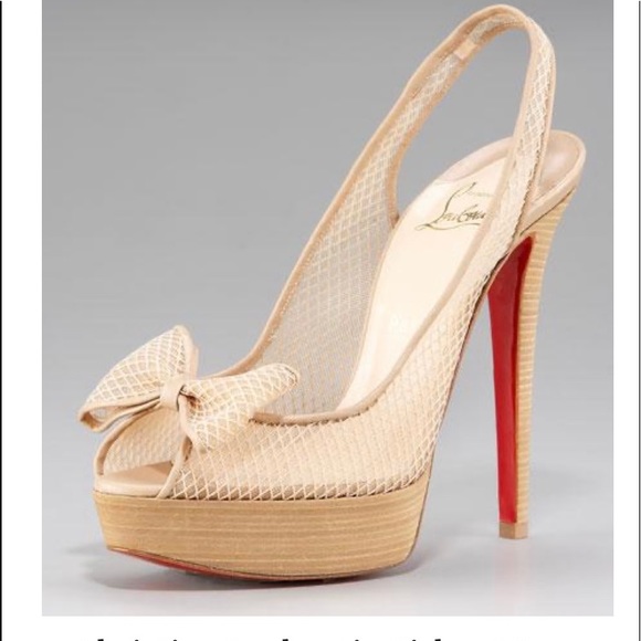 Christian Louboutin 140 Fishnet Slingback w/Bow Beige Sz38 #99276